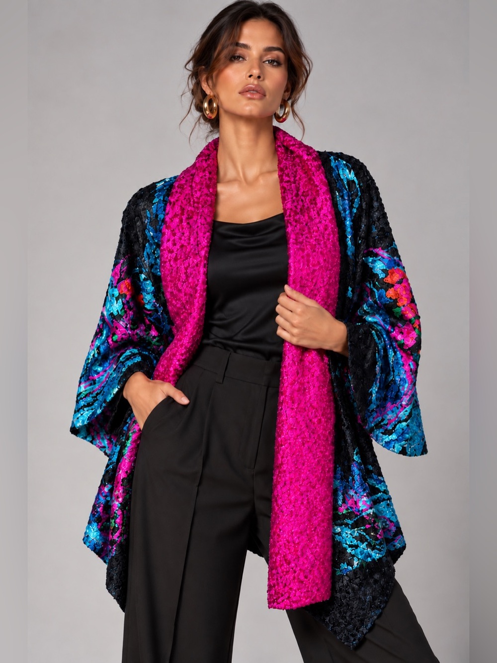 Crinkle Art Wear Jacket L Black Pink Blue Floral Oversized Collar